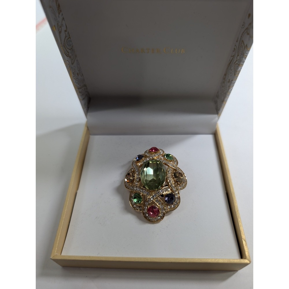 CHARTER‎ CLUB MULTI COLOR RHINESTONE GOLD TONE FLOWER BROOCH